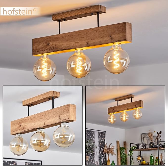 hofstein Heimola plafondlamp, moderne plafondlamp van metaal in houtlook/zwart, lamp in Scandinavisch design, lengte 60 cm, 3 lampen, 3 x E27, zonder gloeilamp photo 2