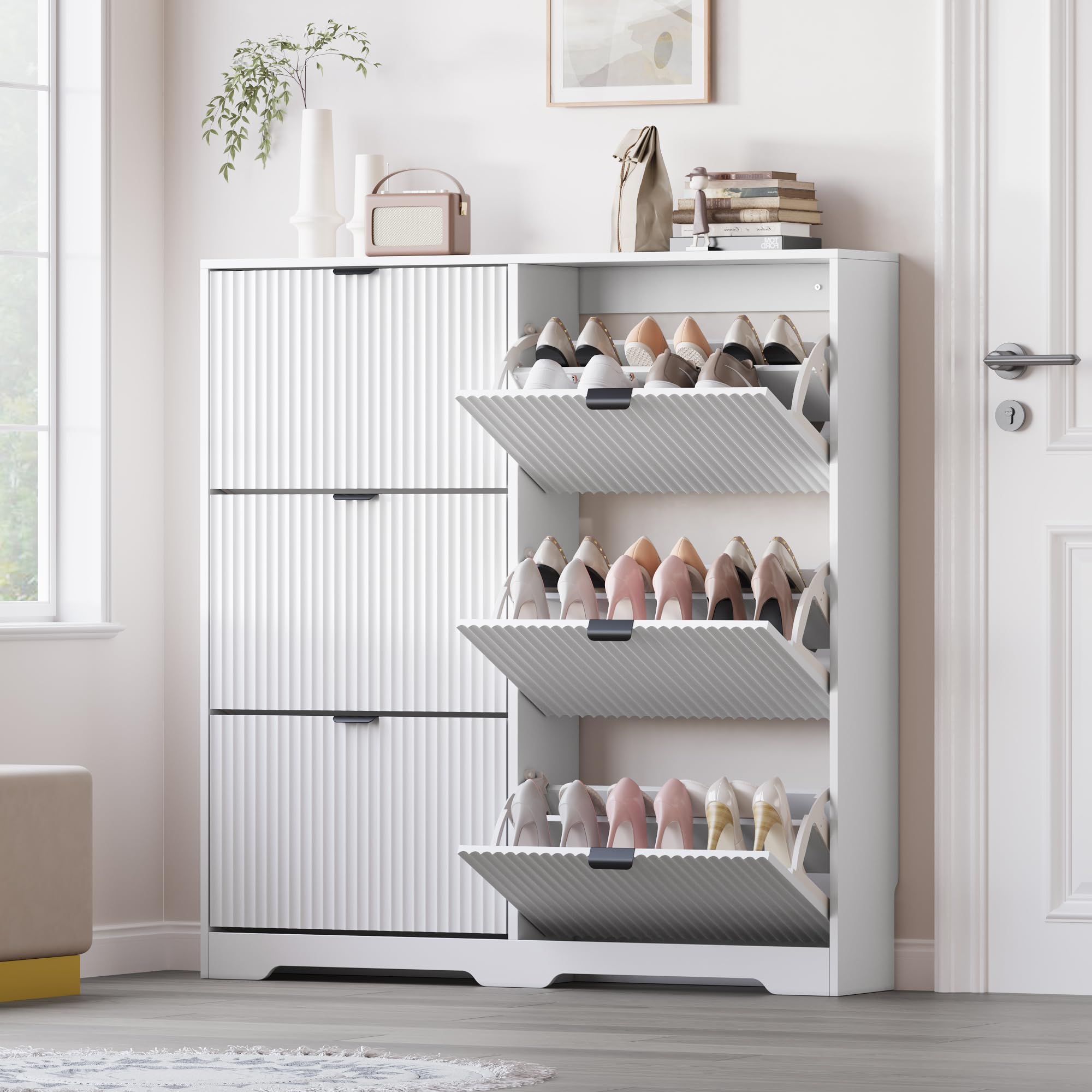 BORNOON Large Shoe Cabinet for Entryway, Tall Narrow Shoe Storage Cabinet with 6 Flip Drawers and Adjustable Shelves, Shoe Rack Cabinet Organizer for Hallway, Foyer, Small Apartment