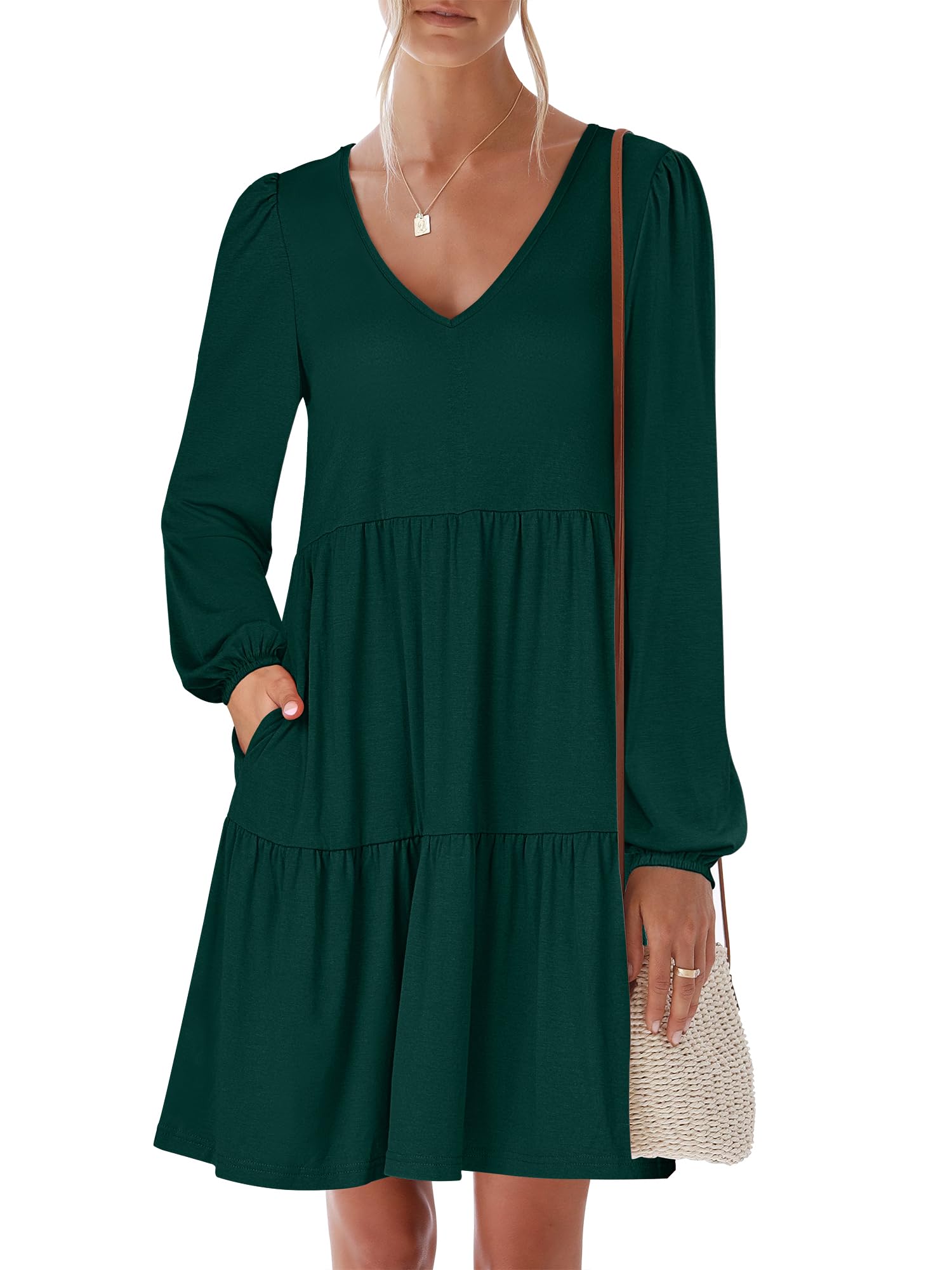 ANRABESS Womens Long Sleeve Dress 2026 Fall Casual V Neck Tiered Flowy Short Dresses Beach Travel Vacation Outfits
