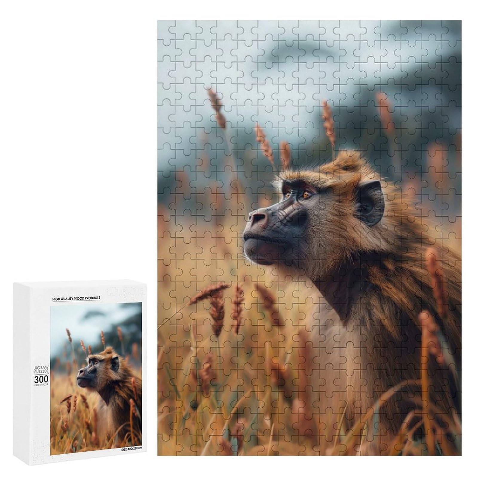 Jigsaw Puzzles for Adults300 PCS Baboon in Tall Wild Grass Animal Photo Adult Puzzles Brain Teaser Game Home Decoration Help The Brain Exercise 300 PCS