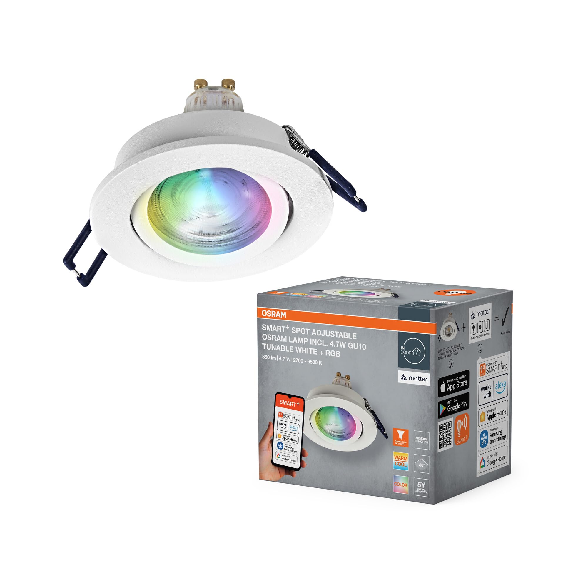 Osram Smart Matter LED Spot GU10 RGBW Flexibel Weiß, 4,7W Smart Home, Aluminium, App-Steuerung Farbwechsel