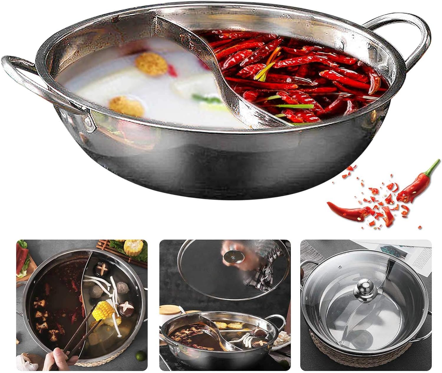 Inllex Stainless Steel Shabu Shabu Hot Pot With Divider for Induction Cooktop Gas Stove (30cm, With Cover) - Partition Cooking Pot, Big Soup Pot, Two-Flavor Design S Grid Mandarin Duck 1