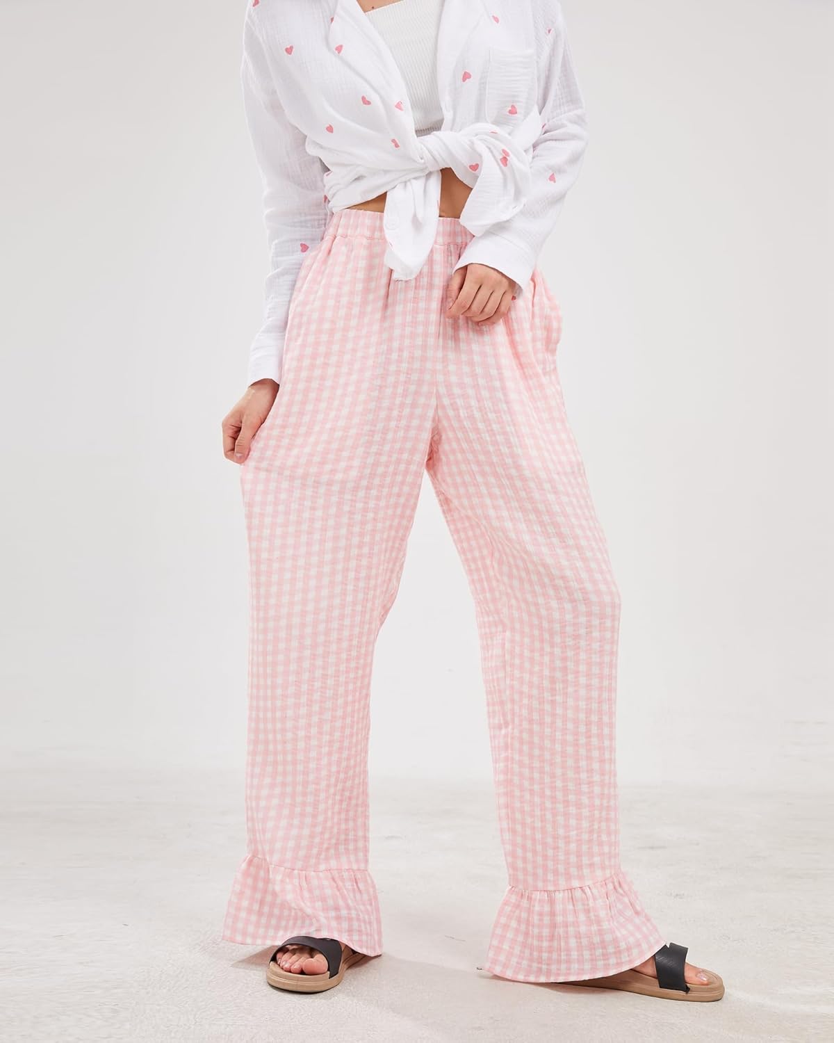 Womens Gingham Pants Wide Leg Lounge Pants Y2k Plaid Print Ruffle Hem Loose Trouser - Image 5