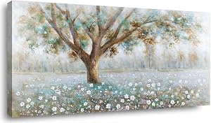 Canvas Wall Art Tree Wall Art For Living Room Bedroom Wall Decor White Flower Wall Decorations For Home Picture Painting One Panel Blue Forest Landscape Nature Artwork Prints, Canvas Print Modern Artwork Print Large Wall Art Framed for Home Office Li