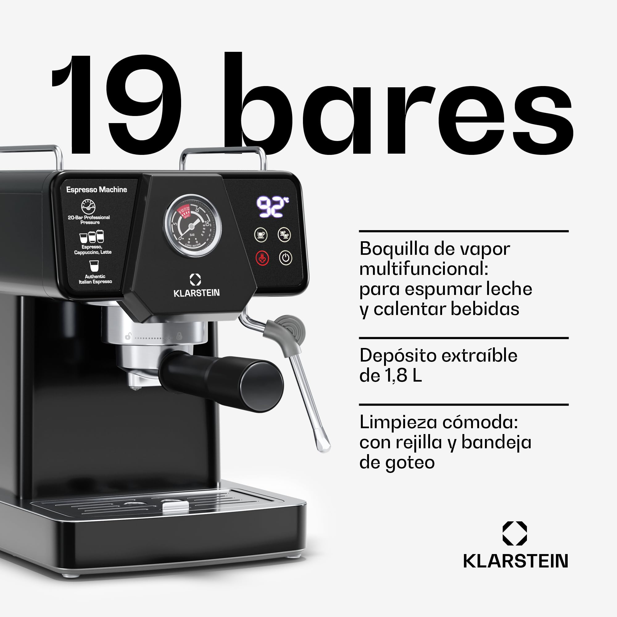 KLARSTEIN Libeica Cafetera Espresso – 19 Bares, 1350W, Acero Inoxidable, Boquilla de Vapor, Depósito 1,8L, Panel Táctil, Para Café Molido y Exprés, Diseño Elegante