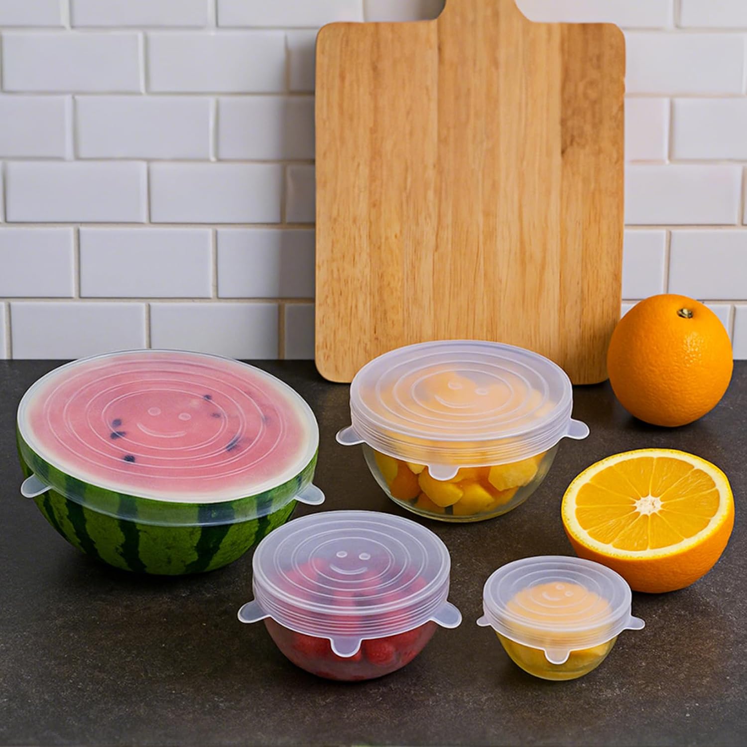 6 peças de tampas elásticas de silicone reutilizáveis para armazenamento de alimentos, capas elásticas de silicone resistentes ao calor, reutilizáveis para copos, latas, potes e a maioria dos