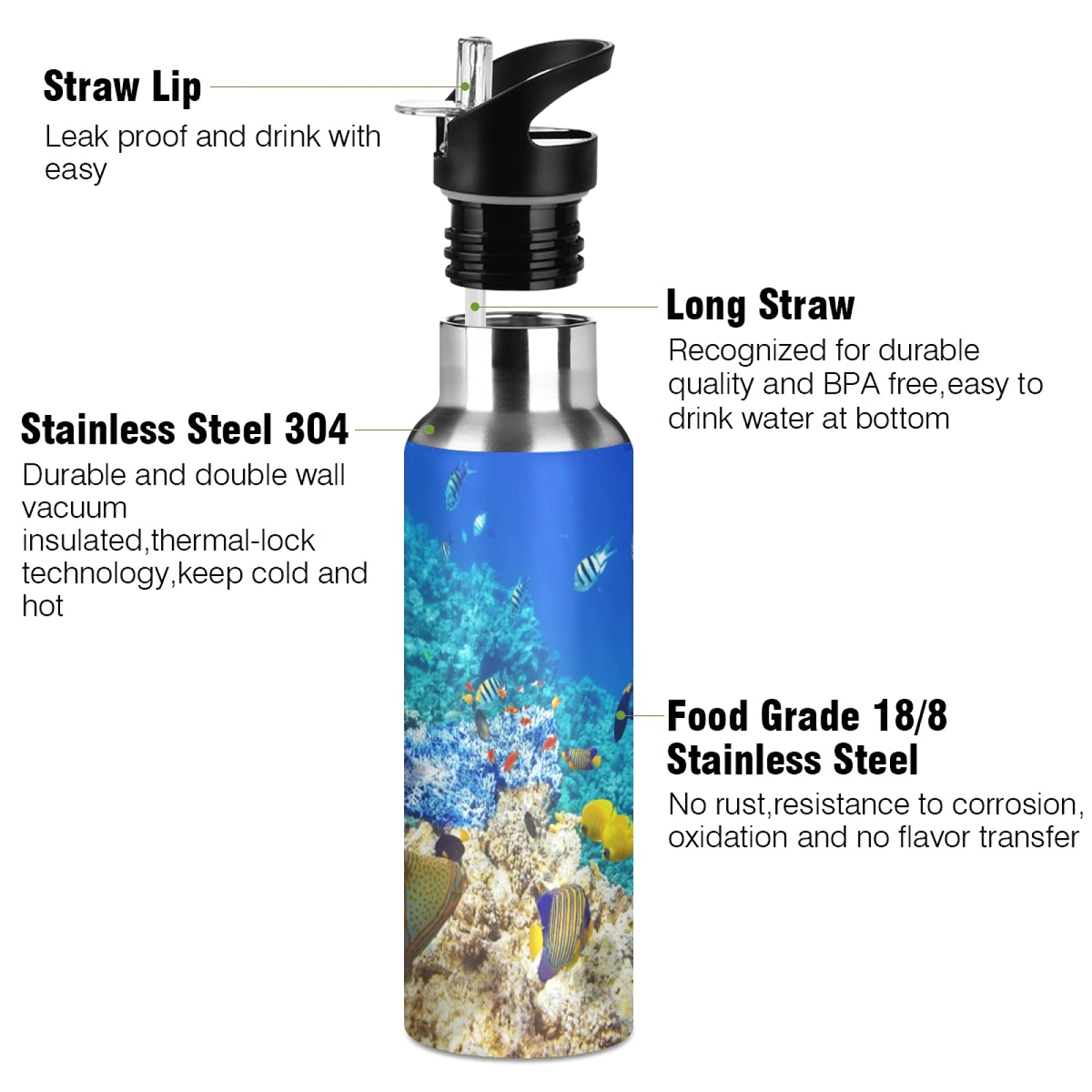 Vnurnrn Fisch-Design Trinkflasche – 600 Ml, Edelstahl Doppelwandig, Mit Strohhalm, BPA-frei