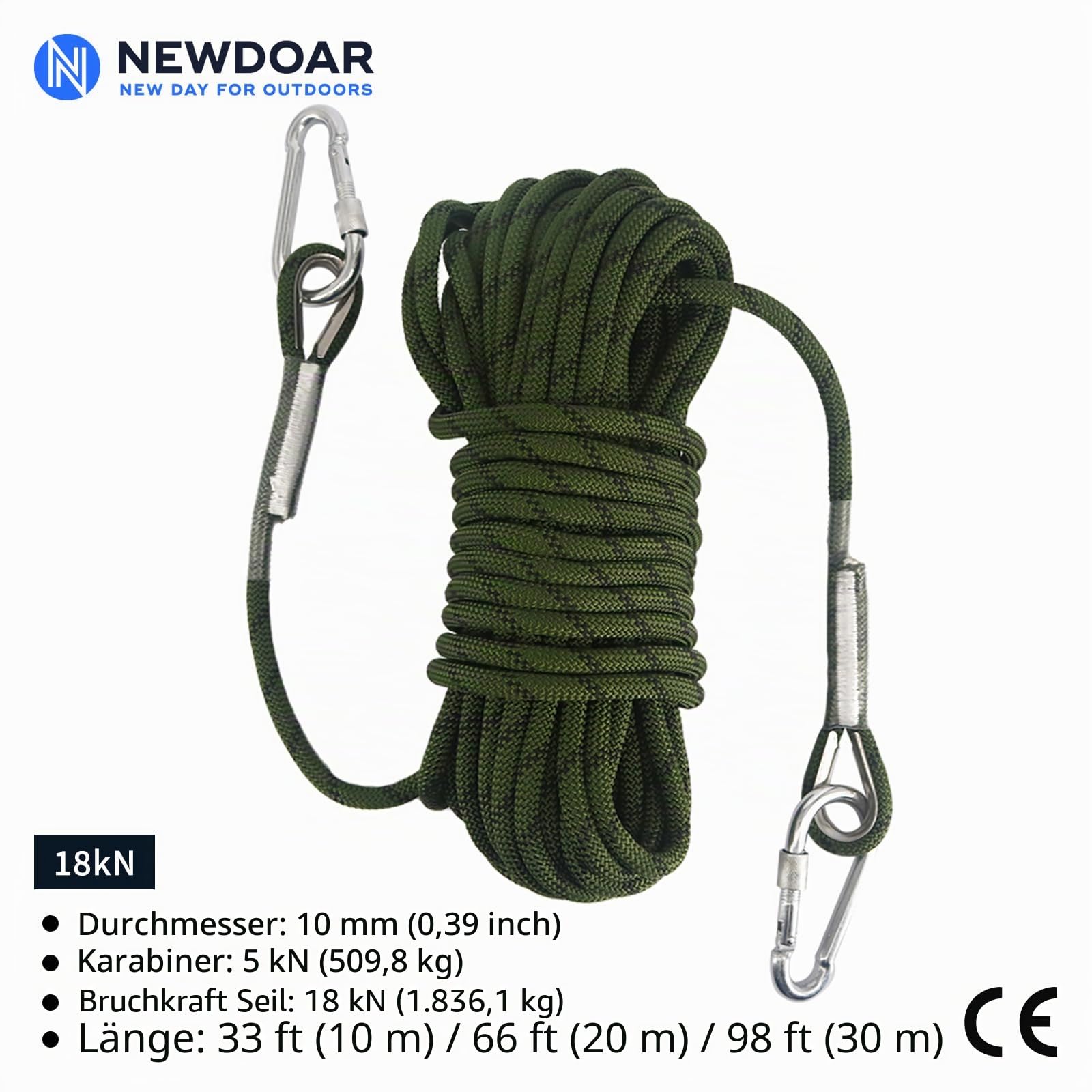 NewDoar 18KN Statisches Kletterseil 10 mm (3/8 Zoll) Zubehörkabel Ausrüstung 33 Fuß (10 m), 66 Fuß (20 m), 98 Fuß (30 m), 165 Fuß (50 m) Fluchtseil Eiskletterausrüstung Feuerrettungsseil-Grün/10 m