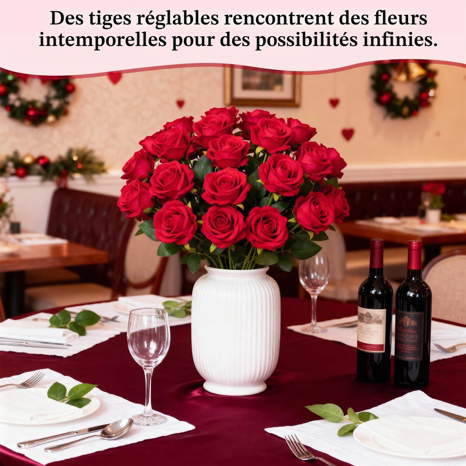50Pcs Rouges Roses Fleurs Artificielles avec Tige DIY,pour Mariage