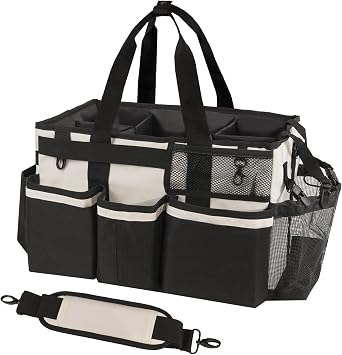 SCAVATA Wearable Cleaning Caddy, Cleaning Caddy Supplies Organizer with Handle & Shoulder Straps for Housekeepers, Under Sink & Car Cleaning Tool Organizers Bag with 4 Foldable Divider Beige