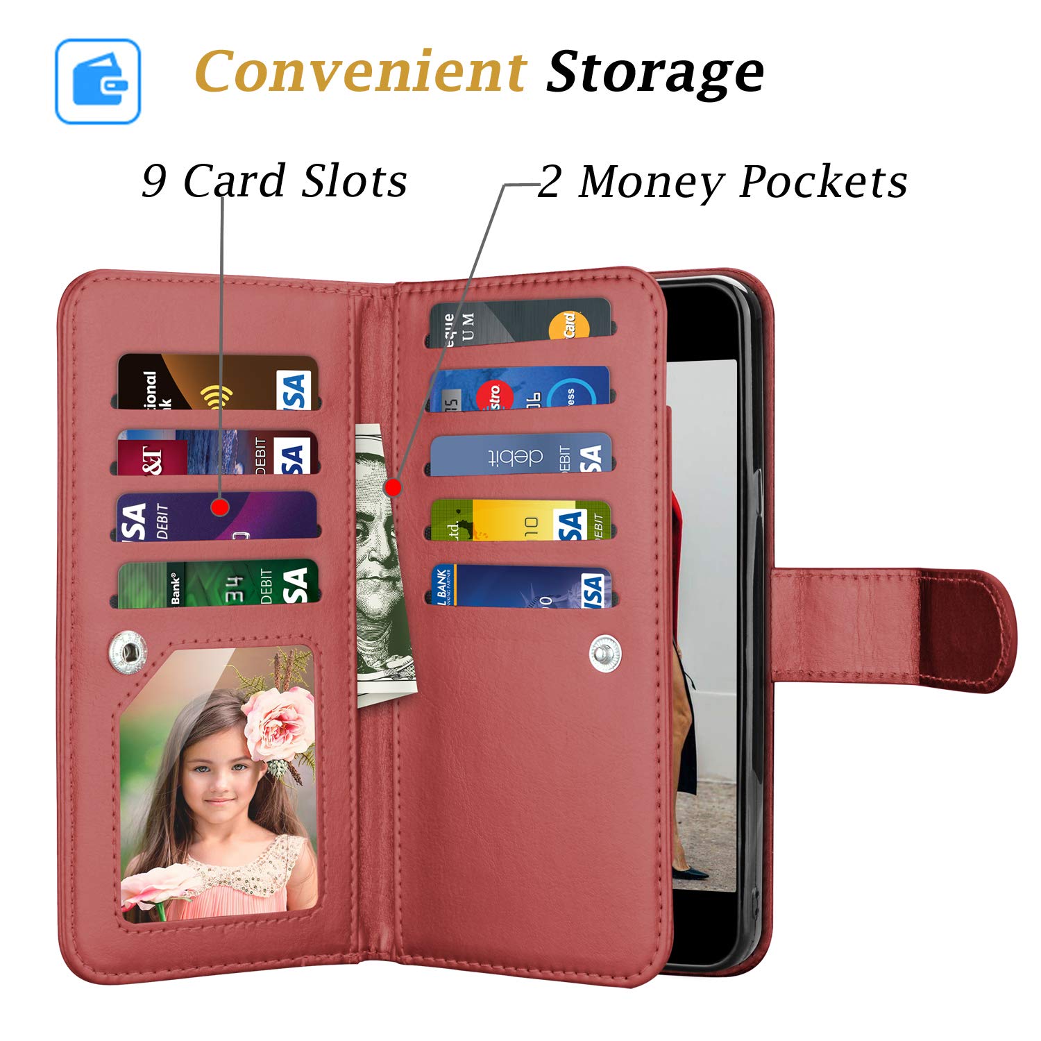 Takfox Wallet Case for iPhone SE 2020, for iPhone 7 / iPhone 8 Wallet Case, Women Men Leather Credit Card Slots Holder Folio Flip Cover [Kickstand] Detachable Magnetic Phone Case & Lanyard-Wine Red