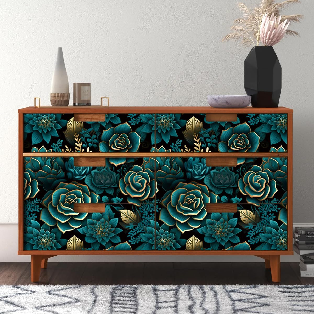 Peacock Blue Gilded Flower Wallpaper 17.71"x118.1" Peel and Stick Wall Paper Waterproof Vinyl Matte Flower Contact Paper for Bedroom Closet Entrances