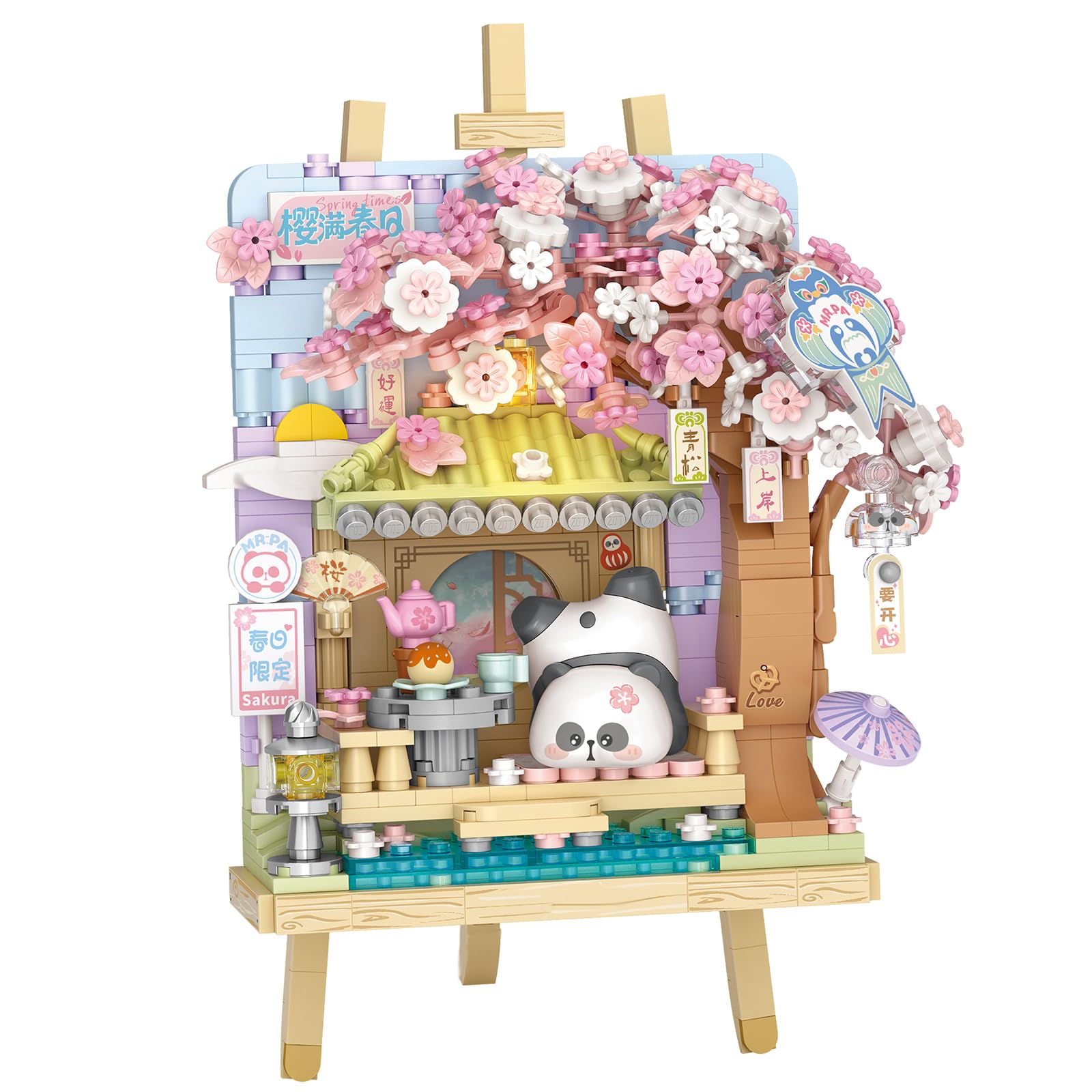 MEIEST Panda 3D Painting Model Mini Building Blocks Set,Creative 4 Seasons' Views Collection Building Bricks Toy,Home Decor (Spring-cherry blossom)