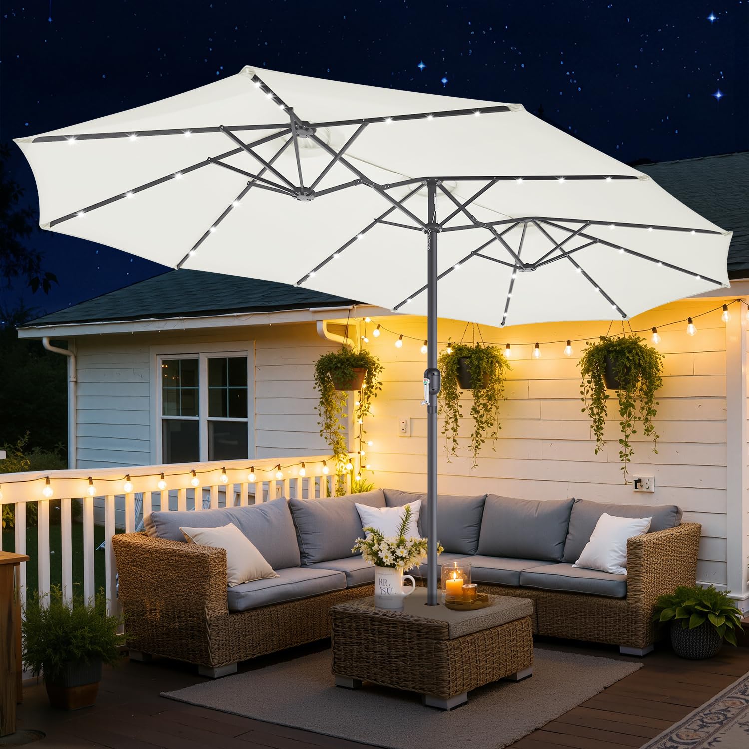 Parasol tarasowy z diodami LED 464 x 279 cm, bardzo duży parasol przeciwsłoneczny z korbą, ochrona przed promieniowaniem UV, bez stojaka, odporny na wiatr, na taras, do ogrodu, beżowy