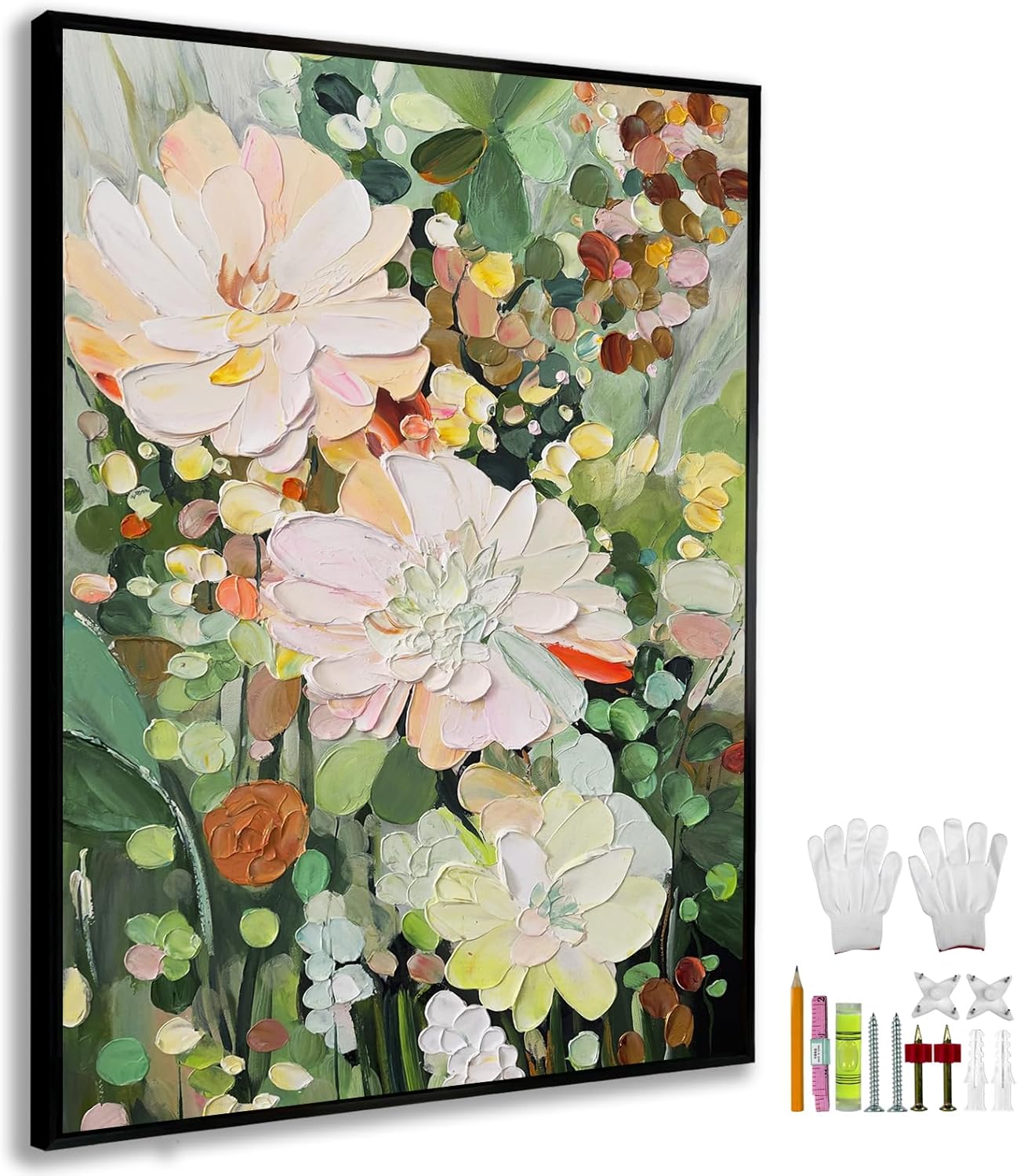 SHENGBRARE Large High-End Hand Painted Floral Oil Painting, 3D Textured Flower Canvas Wall Art with Black Aluminum Alloy Frame, Modern Botanical Vertical Home Decor for Living Room, 20" x 32"