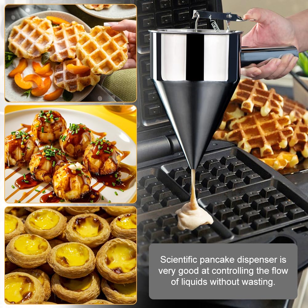 40oz Pancake Batter Dispenser with Squeeze Handle, Stainless Steel Cupcake Dispenser Set w/4 Caliber Nozzles, Stand, Mess-Free Batter Pourer for Pancakes, Waffles, Takoyaki