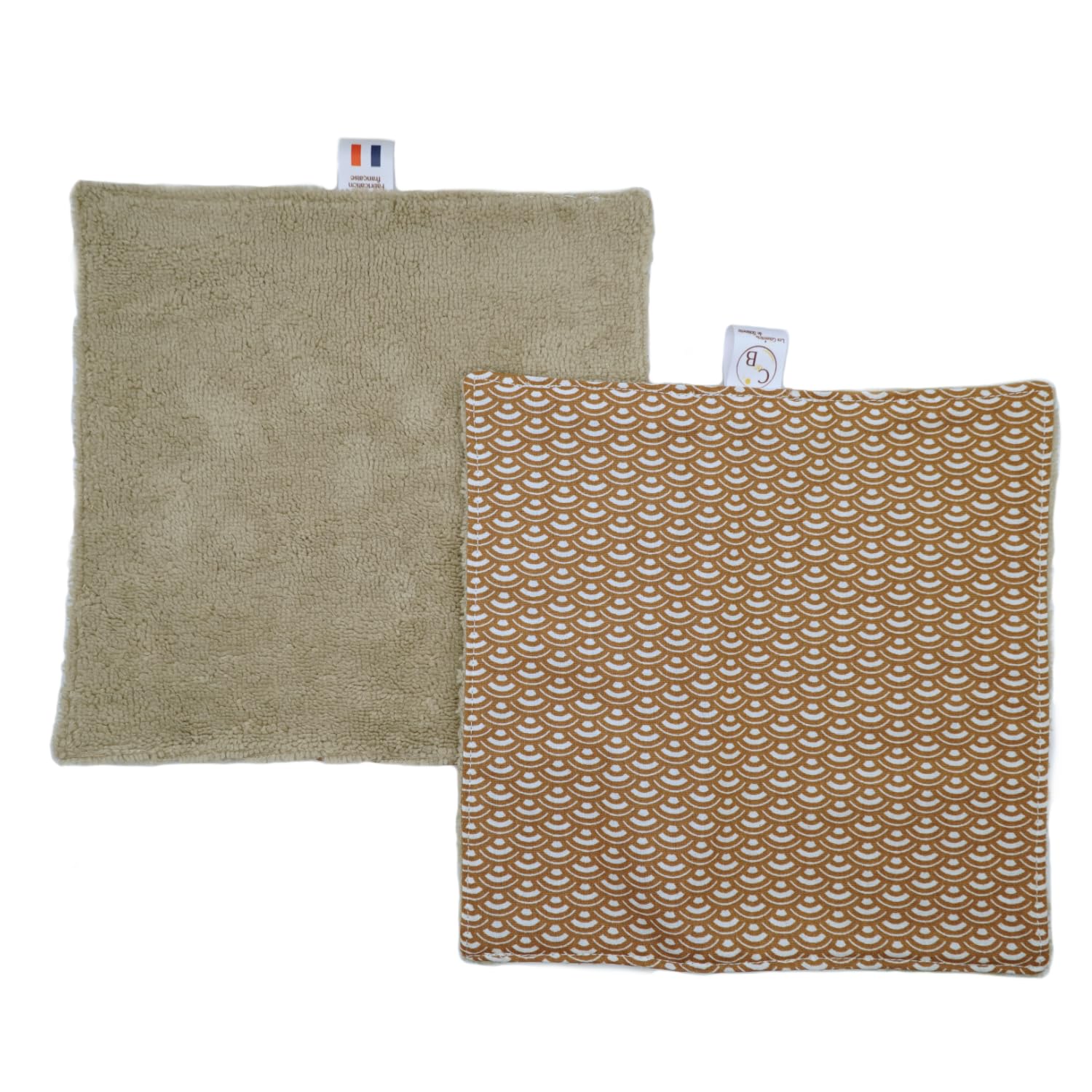 Set di 2 salviette per il viso, skincare, spugna in bambù extra morbido e cotone, 21 x 21 cm, fatte a mano, produzione francese (Cappuccino Fantasia)