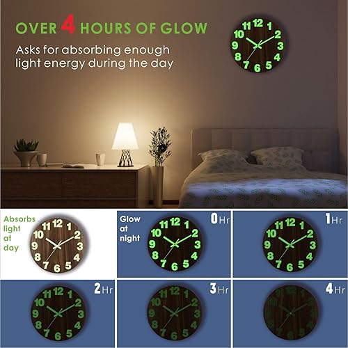 Miniatura 4 de Plumeet Reloj de pared con luz nocturna, 12 pulgadas de madera que brilla en la oscuridad para dormitorio, reloj de pared iluminado silencioso,