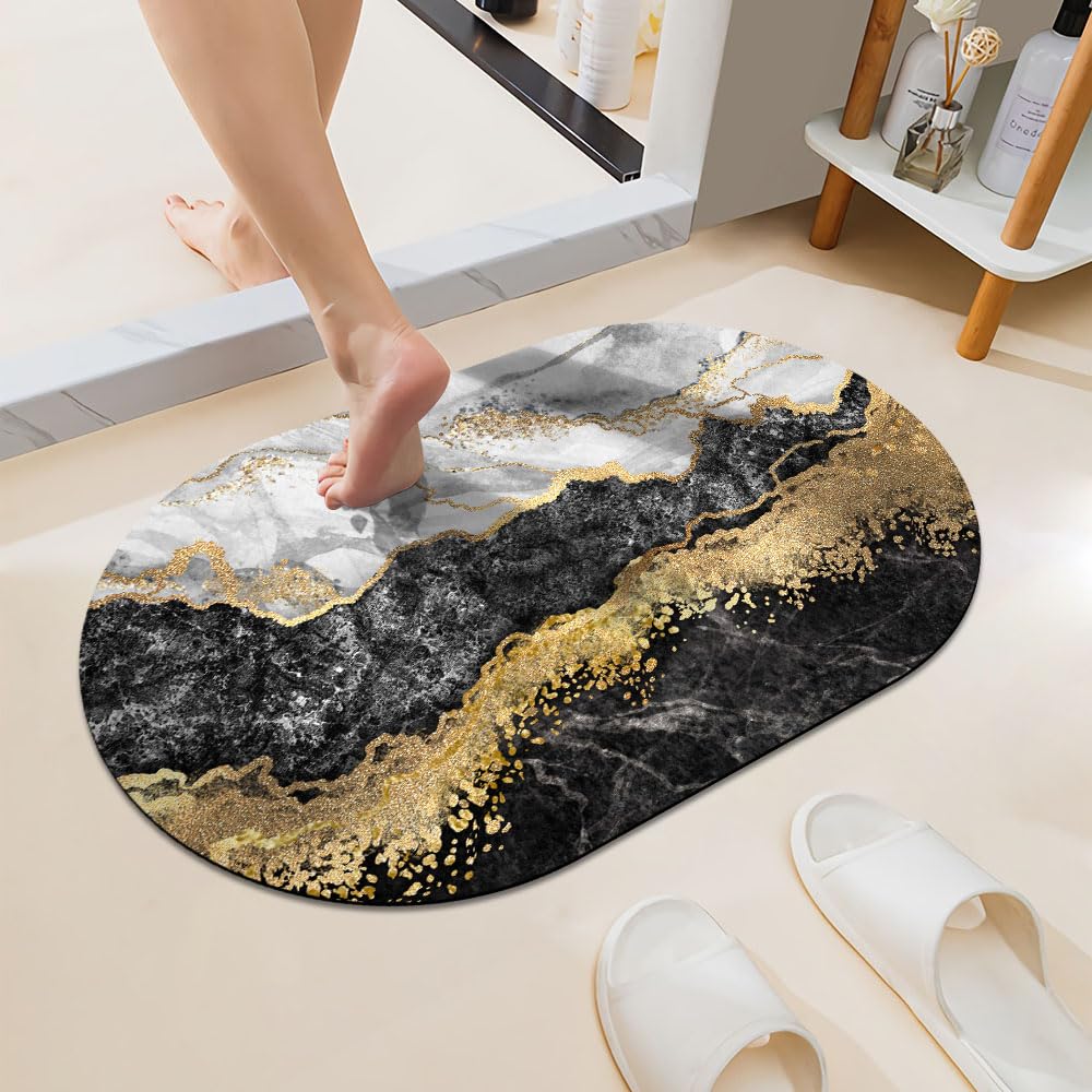 ZHUZHISHAN Black White Gray Gold Marble Super Absorbent Quick-Drying Bathroom Mat Rug, Rubber Non-Slip Bottoms, Easy to Clean,Ultra Thin Bathroom Rugs