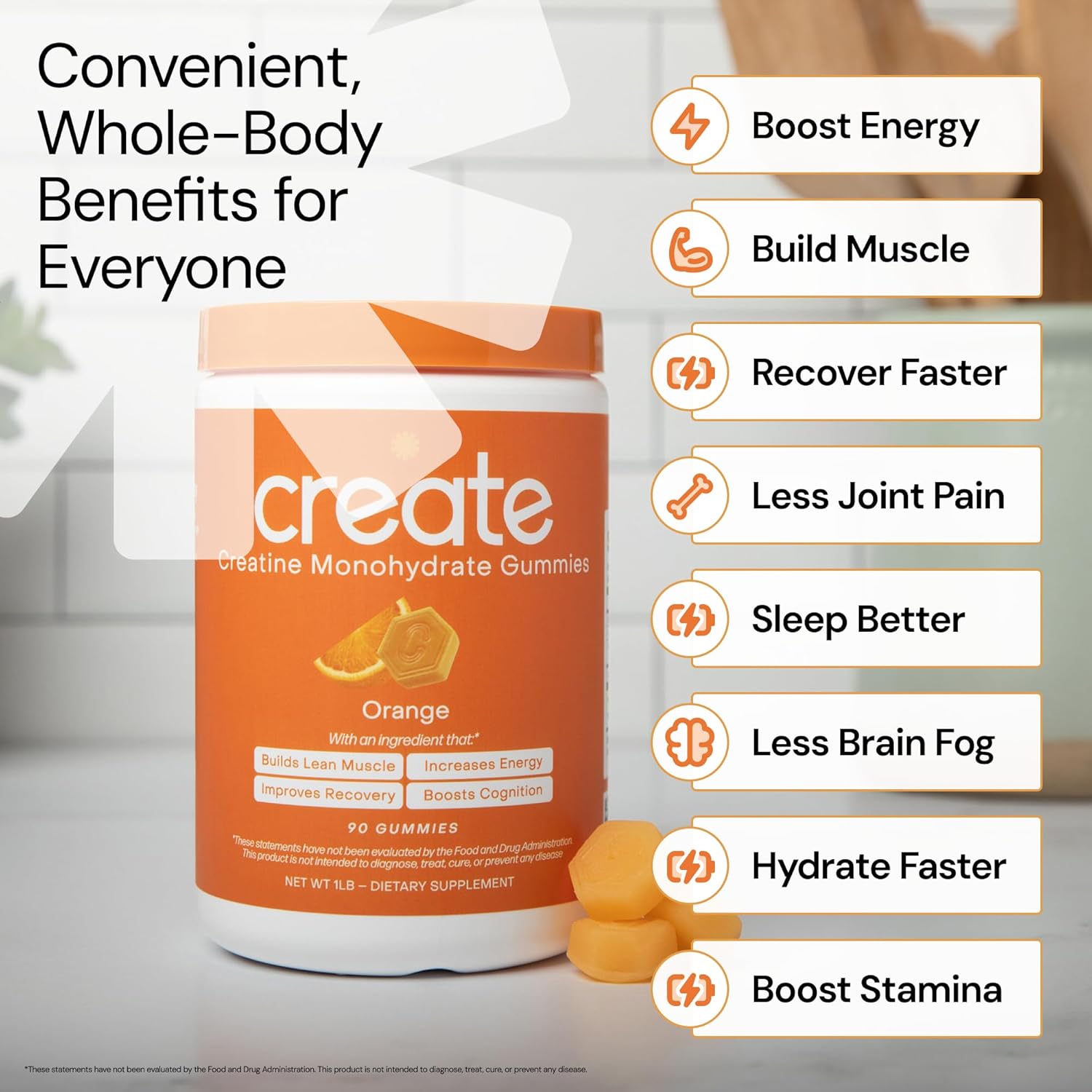 Create Creatine Monohydrate Gummies for Men & Women, Boost Focus, Strength, and Endurance, Anti-Melting Formula, Vegan, Gluten-Free, Non-GMO, 1.5g of Creatine per Gummy (Orange, 90 ct) thumbnail