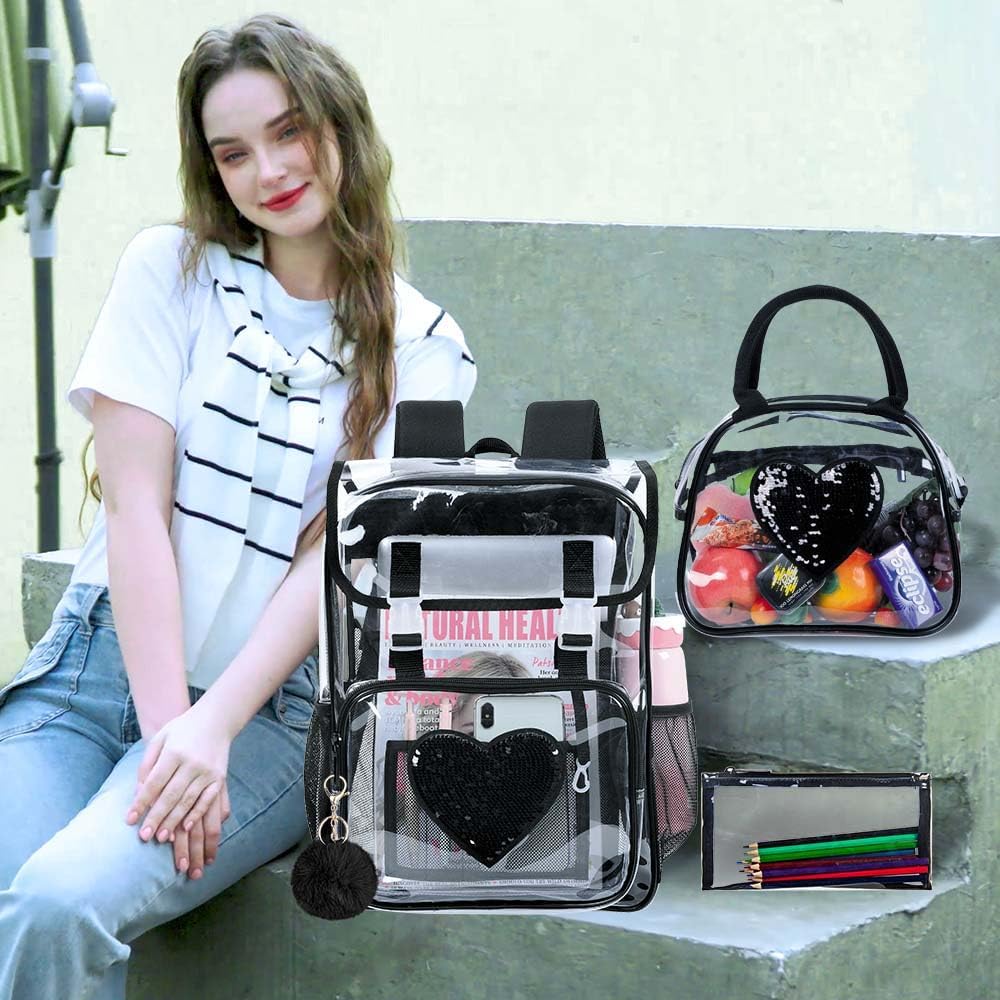 3PSC Clear Backpack, Heavy Duty Transparent Bookbag for Girls Women, Stadium Approved See Through Backpack Set (Black Sequins) - Image 8