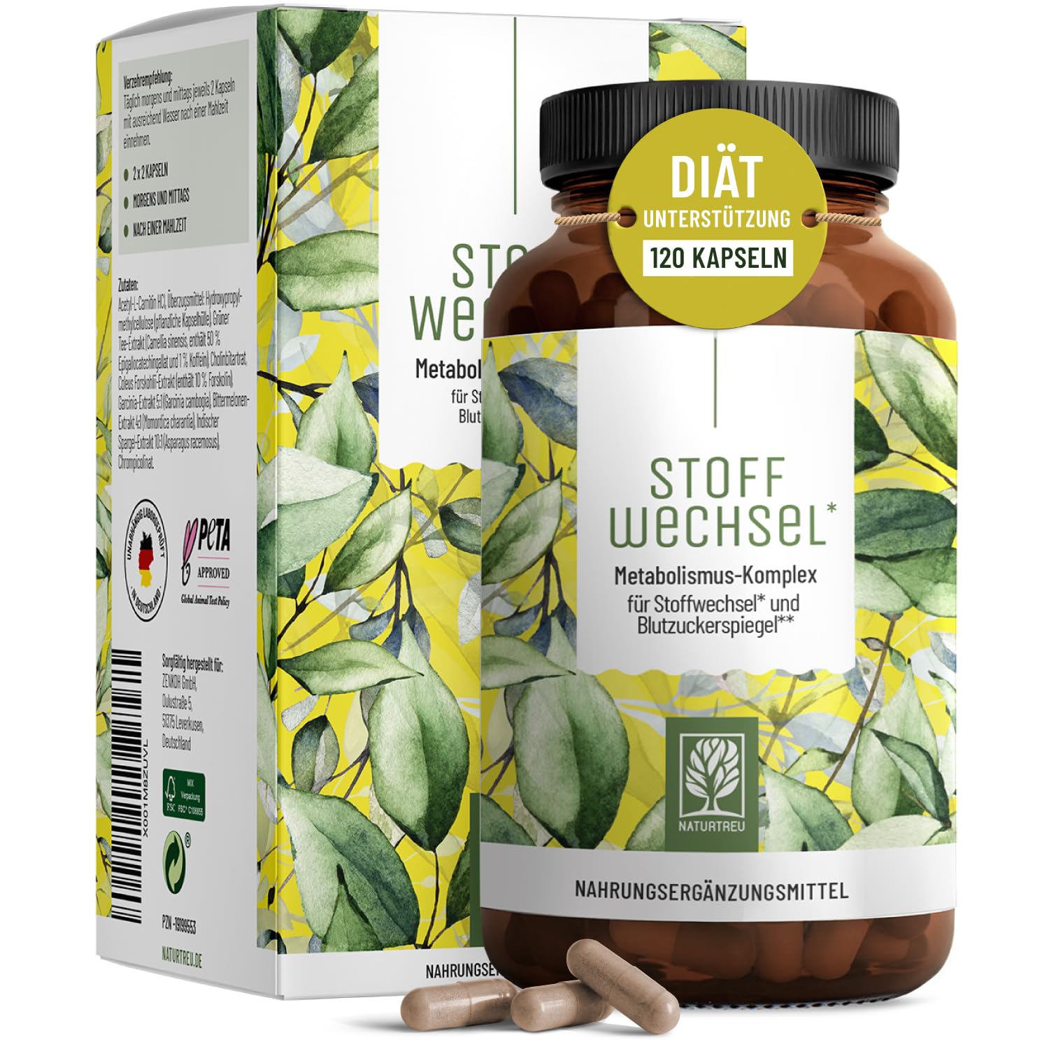 Stoffwechsel Kapseln Diät Unterstützung - Hochdosiert mit Grünem Tee, Forskohlii, Cholin, Spargel, Bittermelone, Garcinia Cambogia & Chrom - 120 Stoffwechsel Kapseln vegan von NATURTREU®