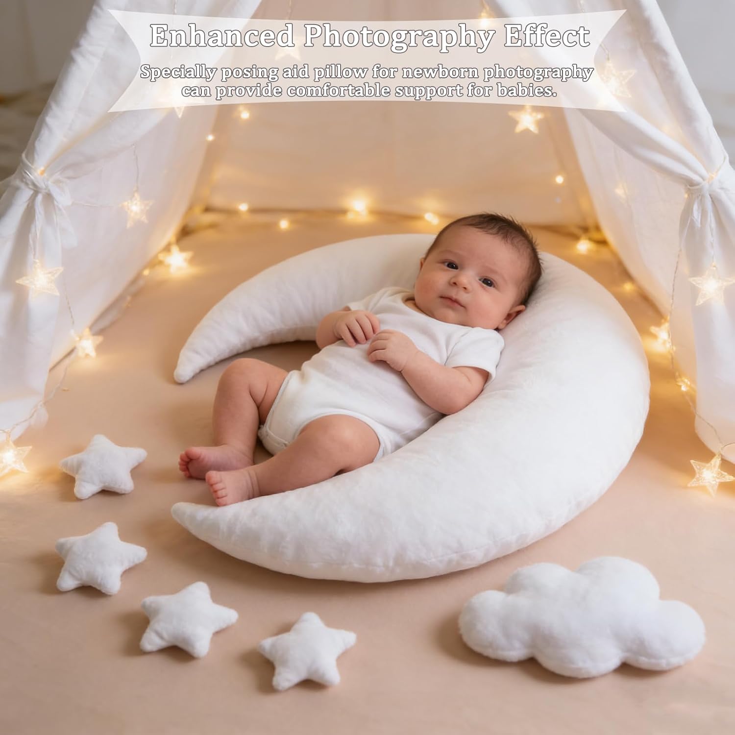 Newborn Photography Props, 6 PCS Newborn Photography Posing Pillows for 0-6 Months, Professional Photograph Shoot for Moon Star Cloud Theme (White)