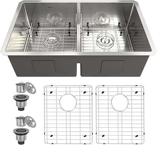 MONDAWE - Fregaderos de cocina de doble cuenco, fregadero de cocina de 32 pulgadas, fregadero de acero inoxidable resistente con estación de trabajo