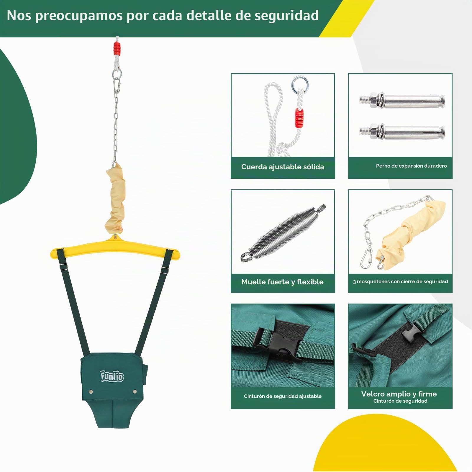 FUNLIO Saltador de Puerta con un Gancho de Techo para bebé （6-24 Meses Juego de Ejercicio de Columpio para Jugar en Interiores/Exteriores para bebé, con Cadena Ajustable, fácil de Montar - Verde