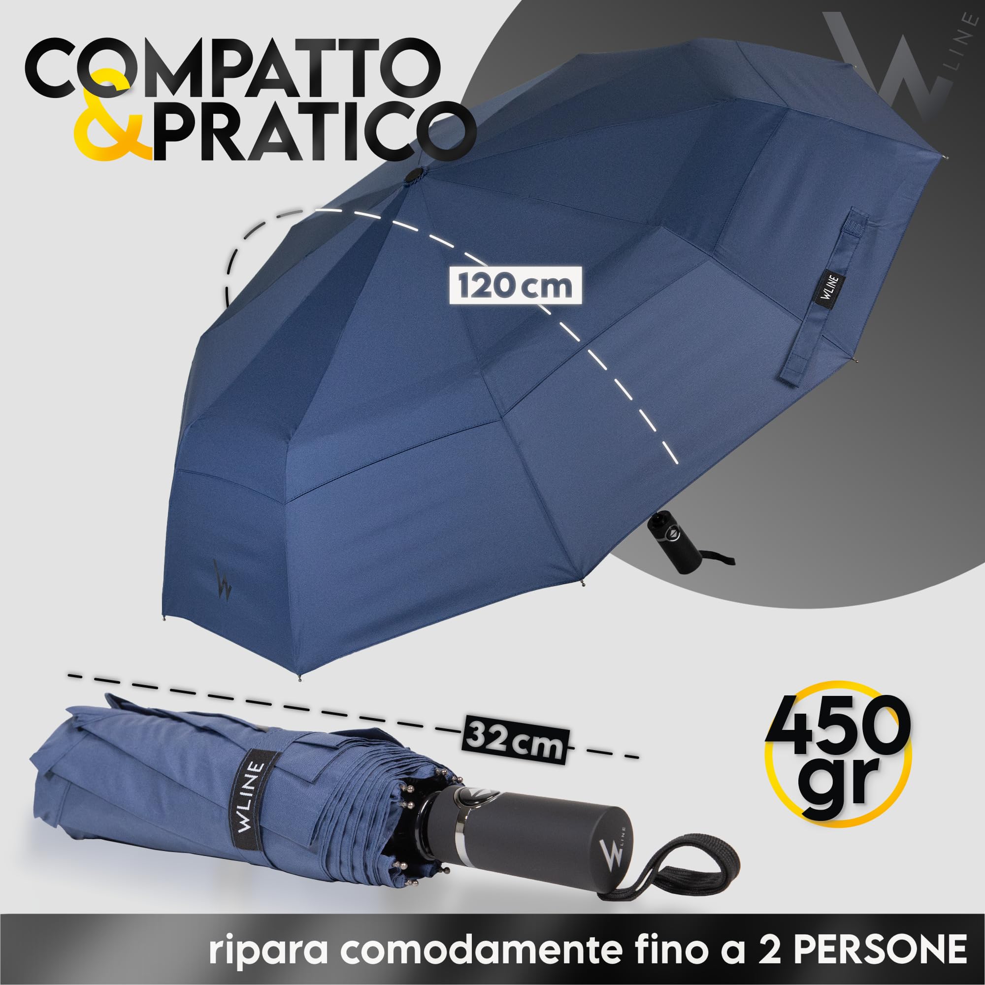 WLine Wind Ombrello Pieghevole Antivento da Pioggia con Apertura e Chiusura Automatica, Stoffa Teflon, Struttura Ultraresistente, Diametro 104cm (Blu senza Custodia)