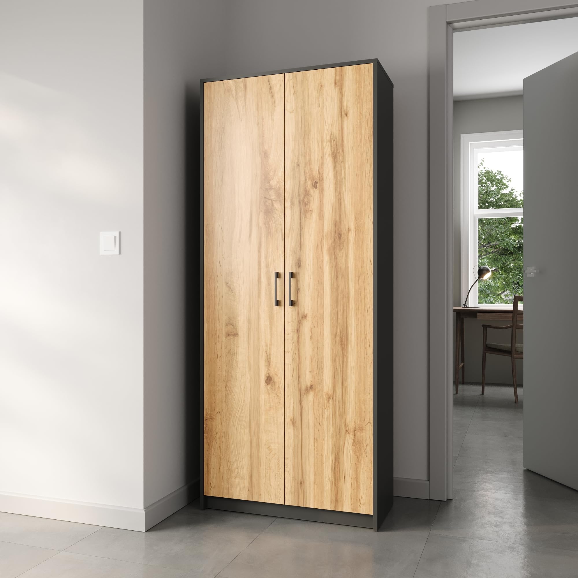 Home Collective Schrank Mehrzweckschrank Aktenschrank Hochschrank mit 5 Fächern 2 Türen 74x35x180 cm vielseitig einsetzbar für Büro Flur Küche Hauswirtschaftsraum stabil & pflegeleicht | graphit/eiche