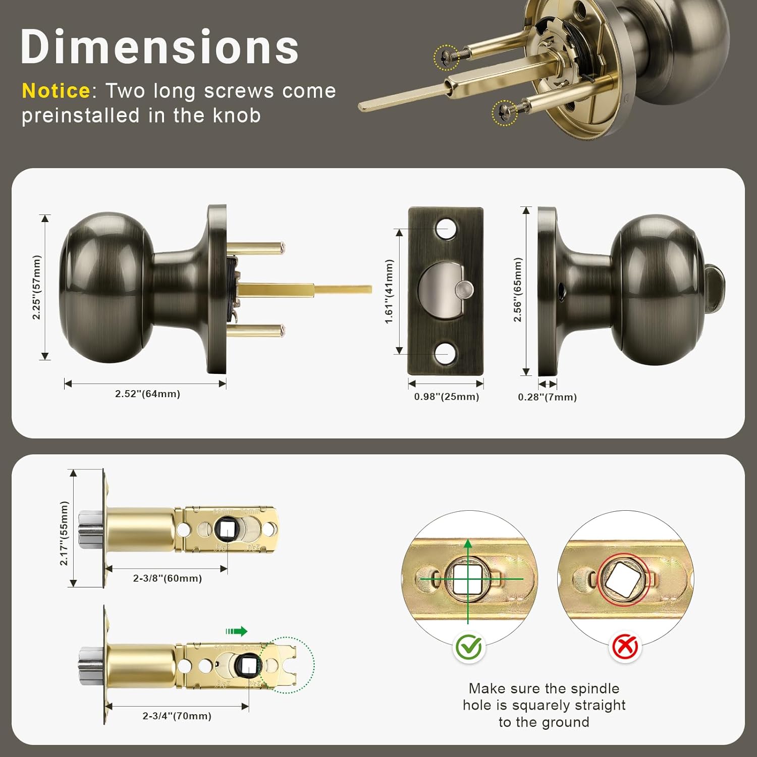 KNOBWELL 6 Pack Door Knob with Lock and Key (Keyed Alike), Keyed Entry Door Knobs Lock, Exterior Door Knob for Front Doors, Antique Brass