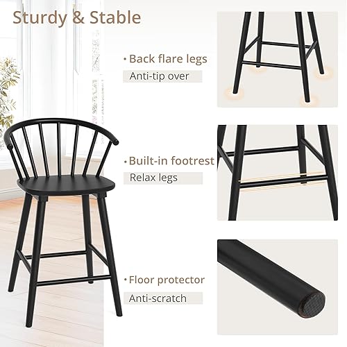 Miniatura 5 de LUE BONA Juego de 2 taburetes de bar, taburetes de bar negros de granja con respaldo semicircular, taburetes de bar modernos de mediados de siglo