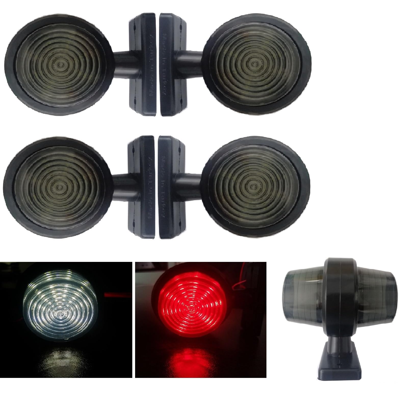 4 Feux de Gabarit et d’Encombrement LED 12V 24V Blanc Rouge Cabochon Fumé/Teinté Feux de Position Latéraux Coudé Court en Caoutchouc Camion Caravane Remorque Véhicule Agricole Utilitaire