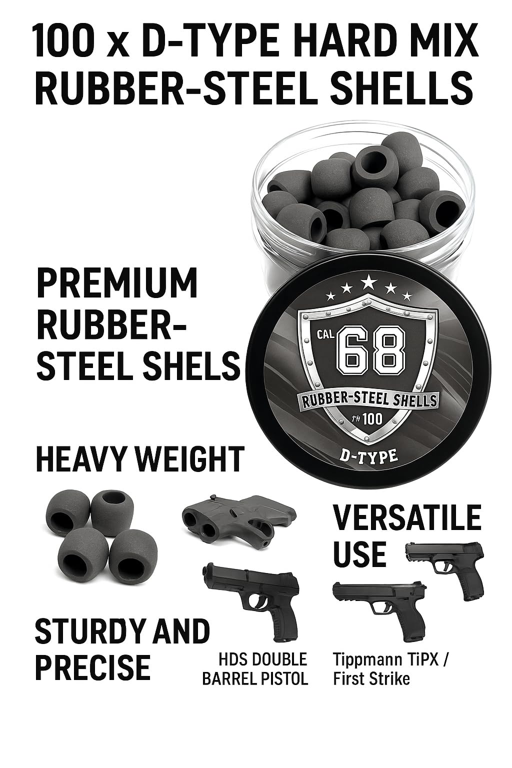 100 x D-Type Hard Mix Rubber Steel Shells Rubber Balls Mixed with Steel Powder 6 Grams for Training Home Self Defense Paintball Pistols in 68 Caliber