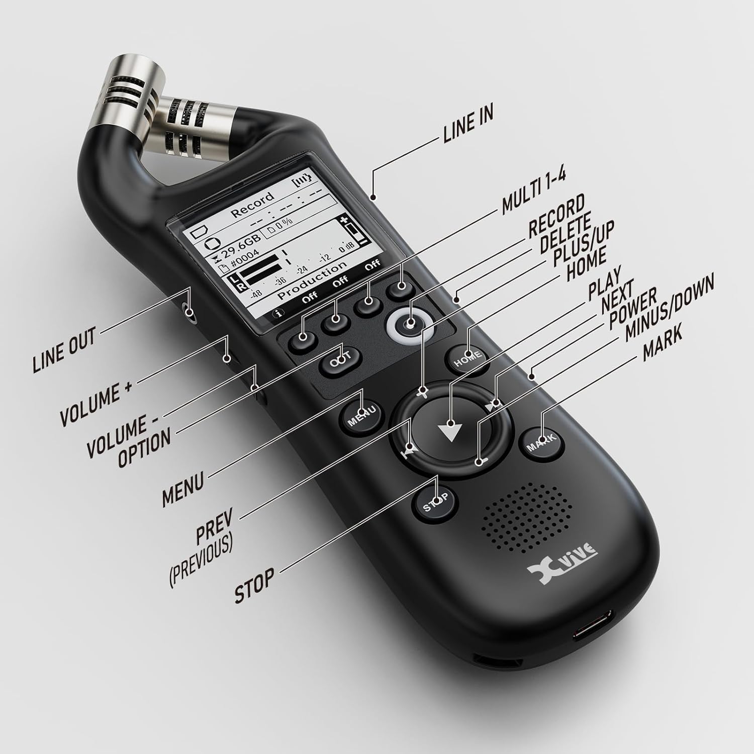Detailed diagram of the Xvive XV1-R Portable Stereo Audio Recorder with all buttons and ports labeled.