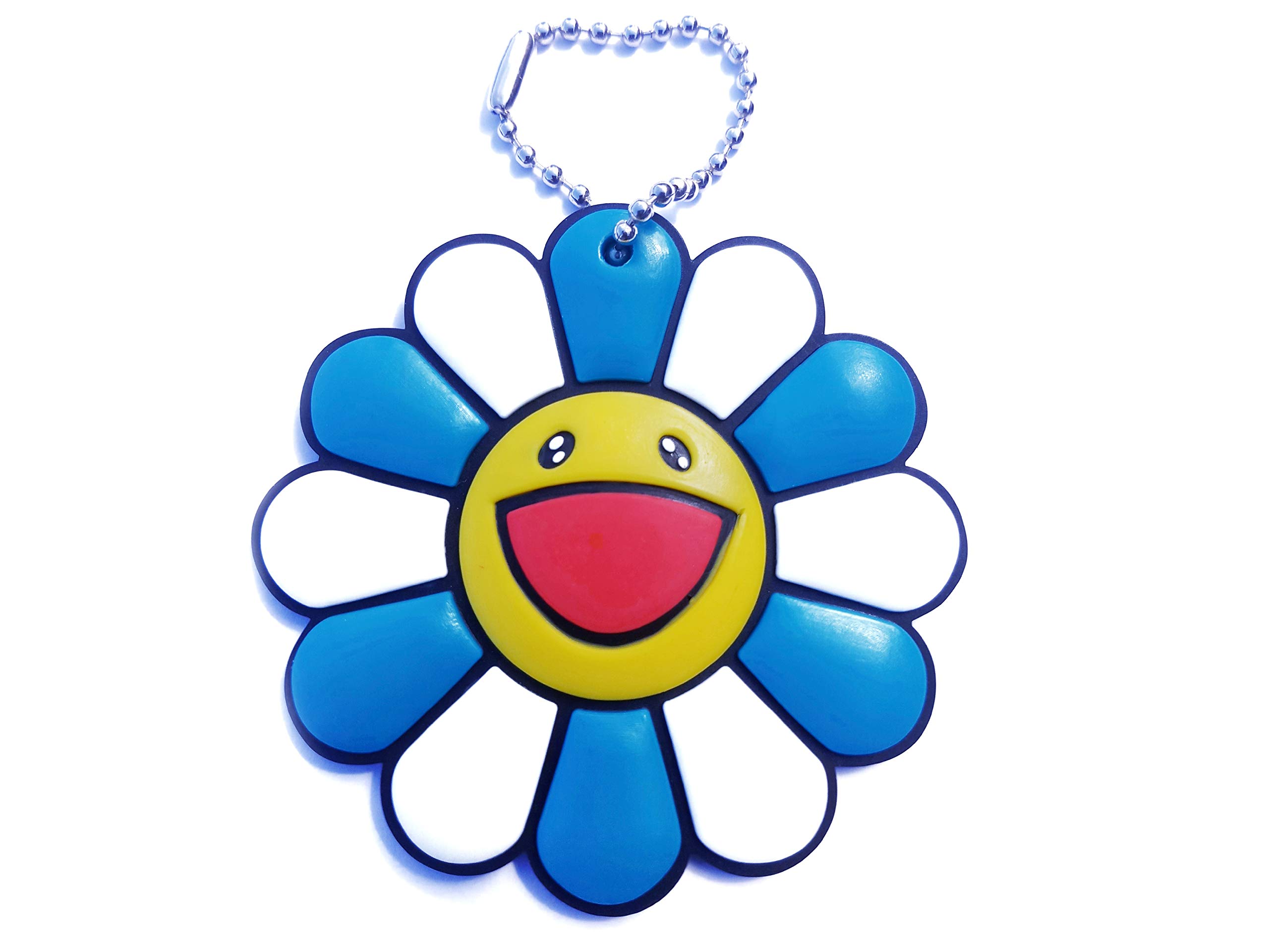 Murakami cheerfulness blue-white color flake sunflower keychain brooch pin kitchen wall decor plush toy cute smile great for decoration phones backpacks jeans jackets and more 2 inche diameter