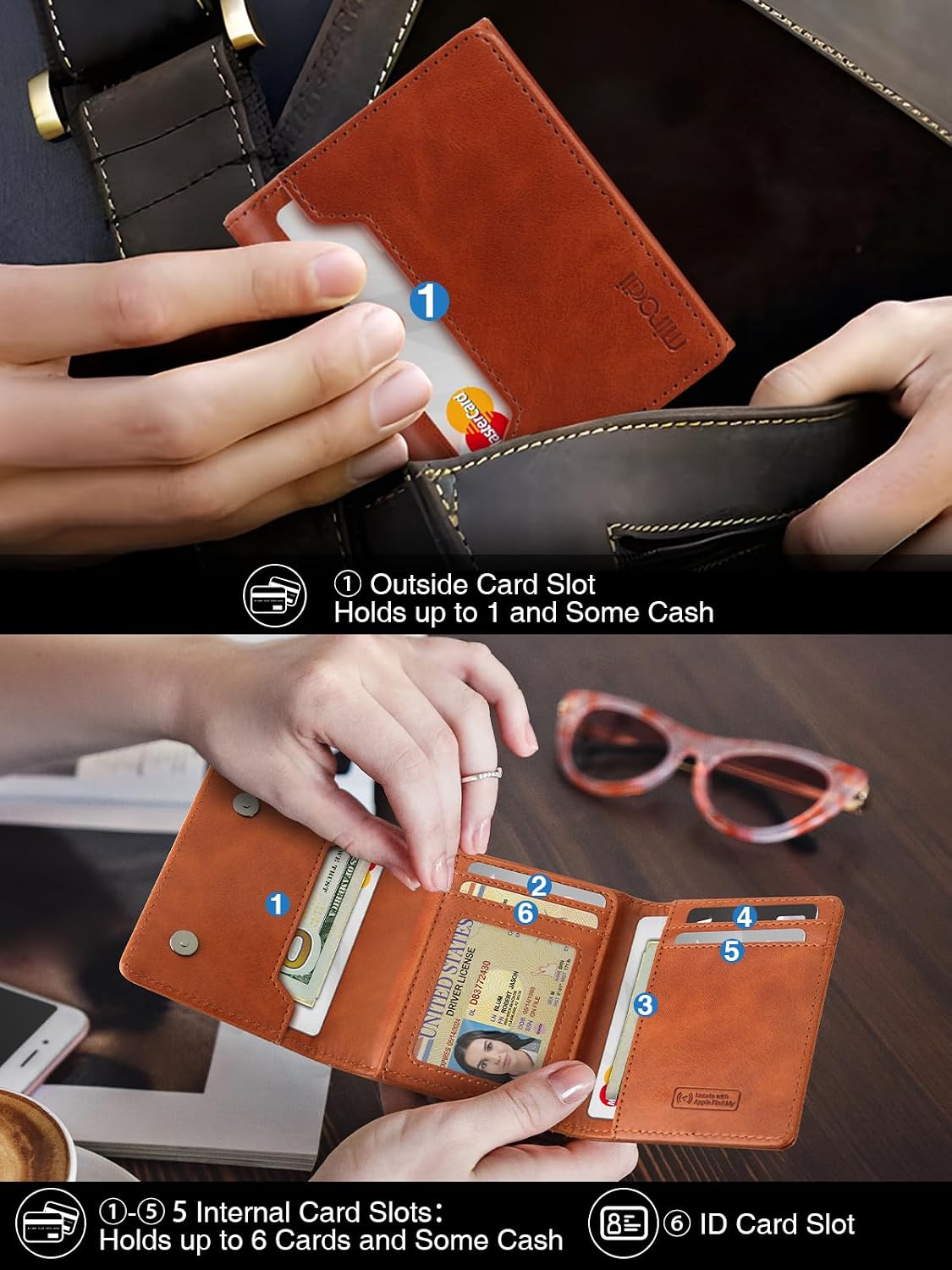 Detallado view of the Miroddi MF59 wallet's card slots, showing one external slot and multiple internal slots for cards and ID.