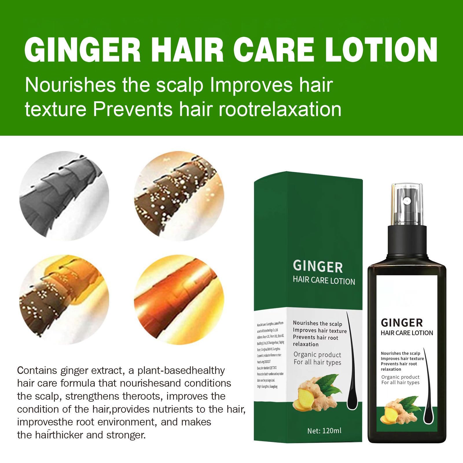Spray Nourrissant Au Gingembre 120ml, Sérum De Croissance Des Cheveux Au Gingembre, Volume & Brillance, Pour Cheveux Fins Et Secs, Réparateur Nettoyant En Profondeur
