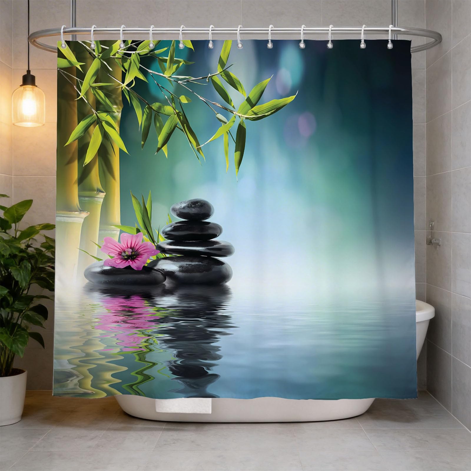 Hongduo 3D Zen Stone Shower Curtain for Stalls Bathtubs Chic Bathroom Decor Shower Curtain Set Polyester Fabric Waterproof 120x180cm/48X71 Inch with Hooks