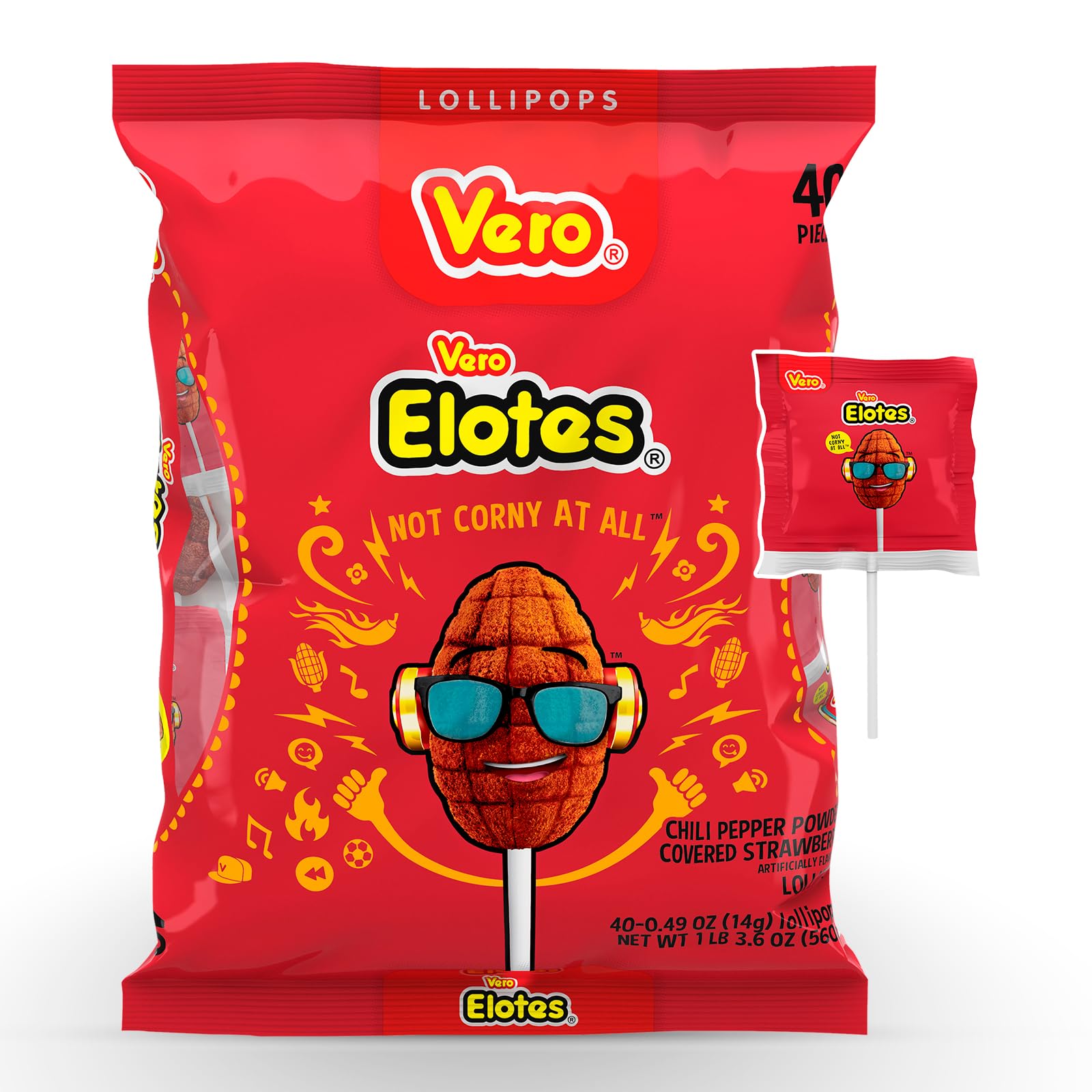 Elotes Strawberry Flavored Lollipops Coated with Chili Powder 40 Count Bag (Net Wt. 22.4 Ounces) - Corn Shaped Mexican Candy - Individually Wrapped Lollipops for Piñatas, Halloween, and More.