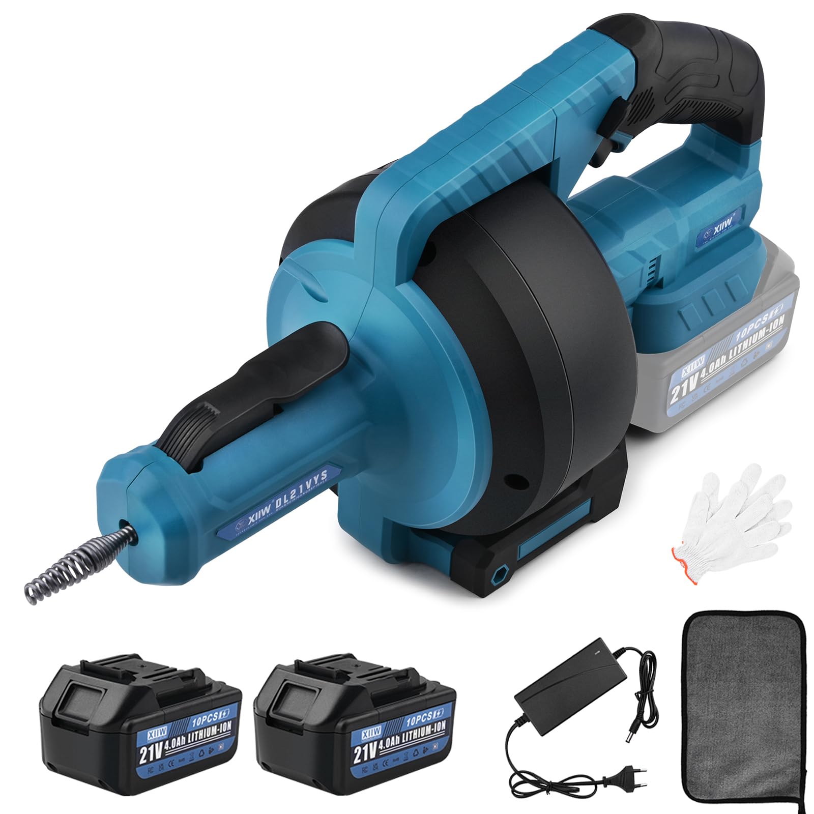 XIIW Desatascador tuberías inalámbrico - espiral 7,6 m, 2 x 4,0Ah baterías - limpiador de desagües con retracción automática para mantenimiento y limpieza de conductos en cocina, baño y aseo | Espiral de limpieza de tuberías de 9 mm de diámetro 7,6 m, 21