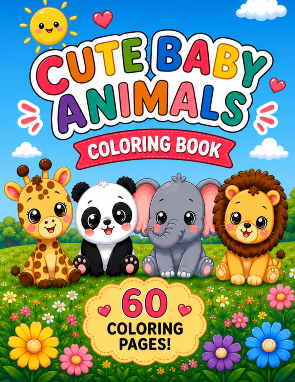 Cute Baby Animals Coloring Book: 60 Coloring Pages for Kids Ages 4-8