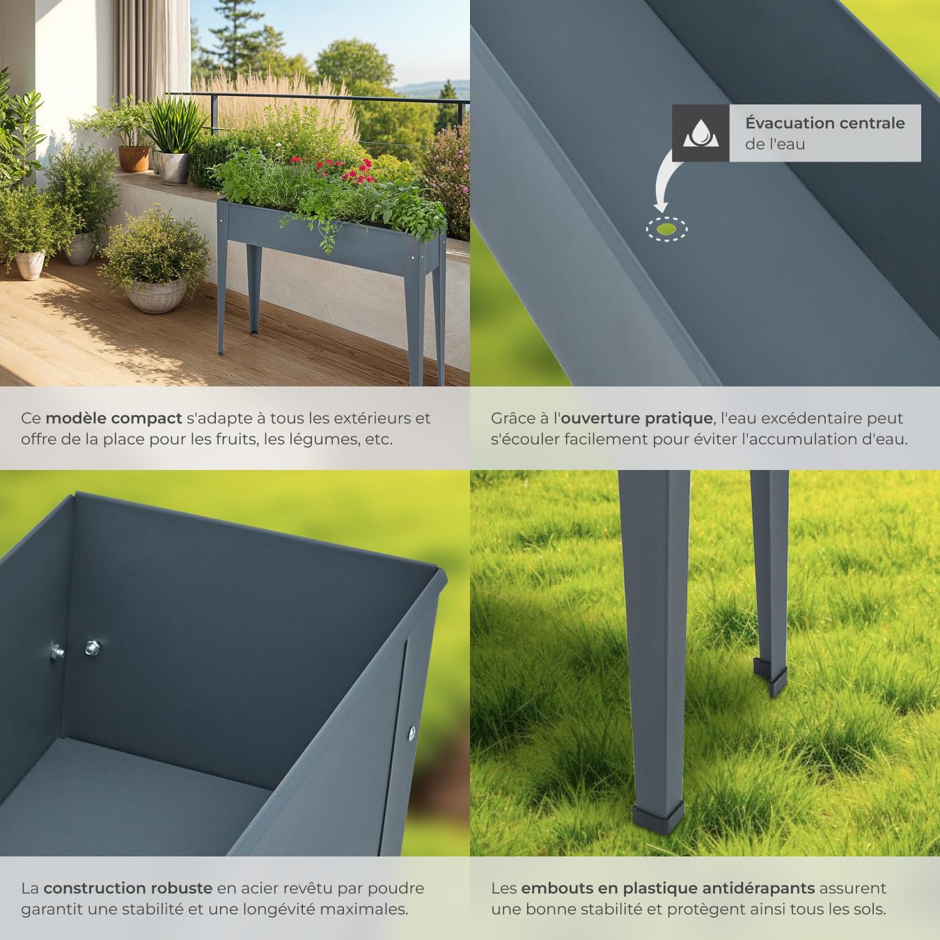 tectake® Potager de Jardin surélevé sur Pied 98,5x26x82,5cm, Lit de Jardin surélevé en Acier laqué, Bac à Fleurs rectangulaire Bac à semis Jardiniere sur Pieds idéal pour Amenagement Serre de Jardin