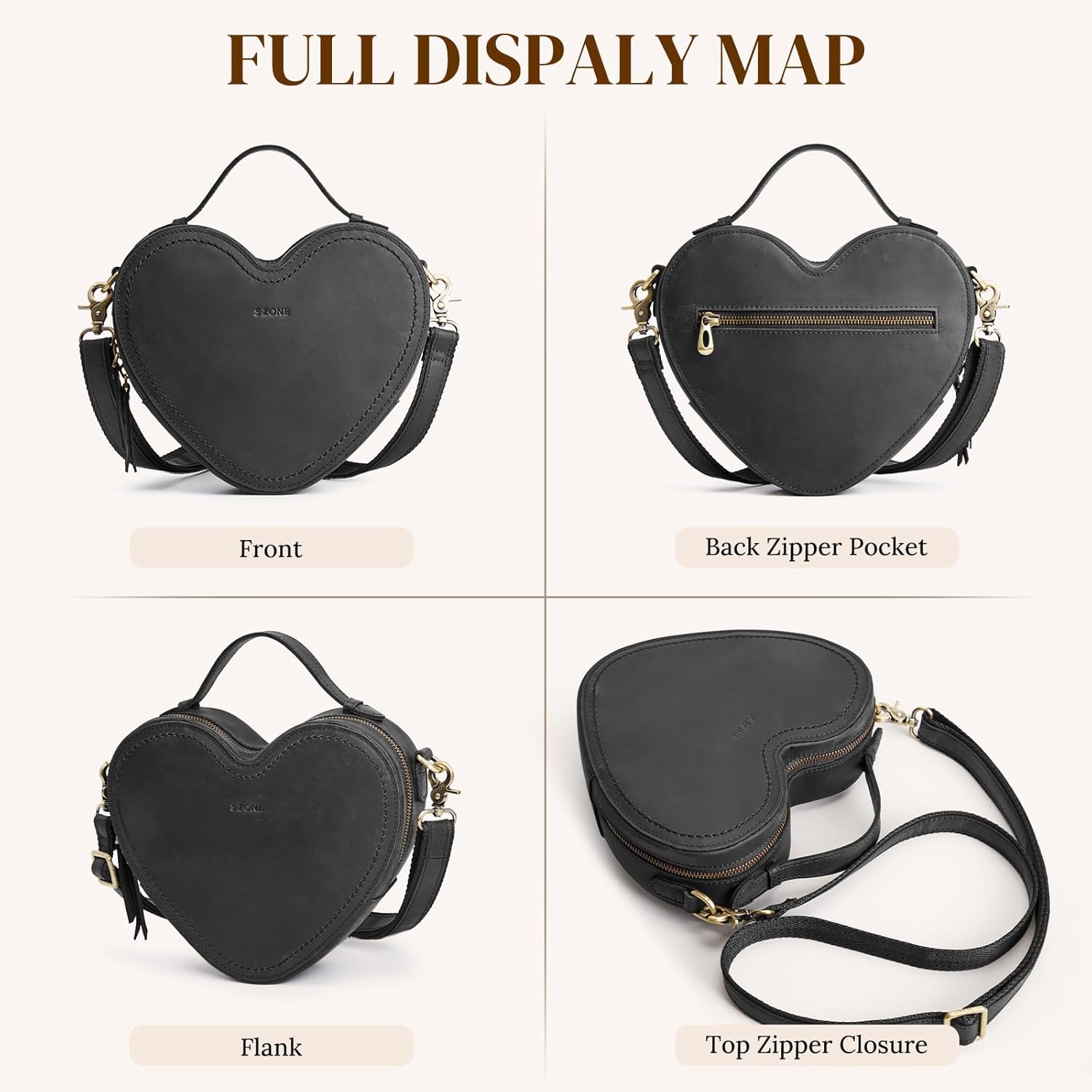 S-ZONE Leather Crossbody Bags for Women Heart Shaped Purse Small Designer Fashion Handbag with Adjustable Strap - Image 6