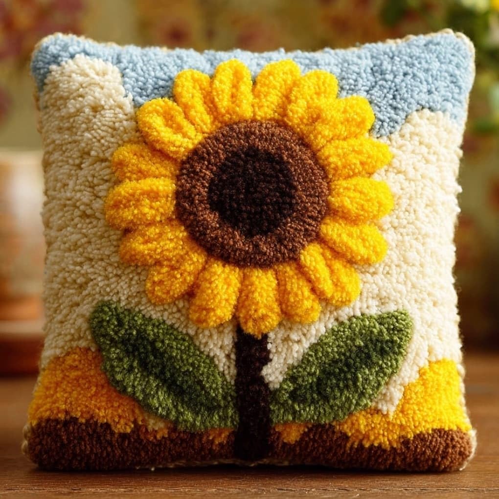 WallustrioaW DIY Latch Hook Pillow Kit,Yellow Sunflower Pillowcase Kits Embroidery Kits 17X17 Inch DIY Needlework Pillow Cover Sofa Cushion Rug Making