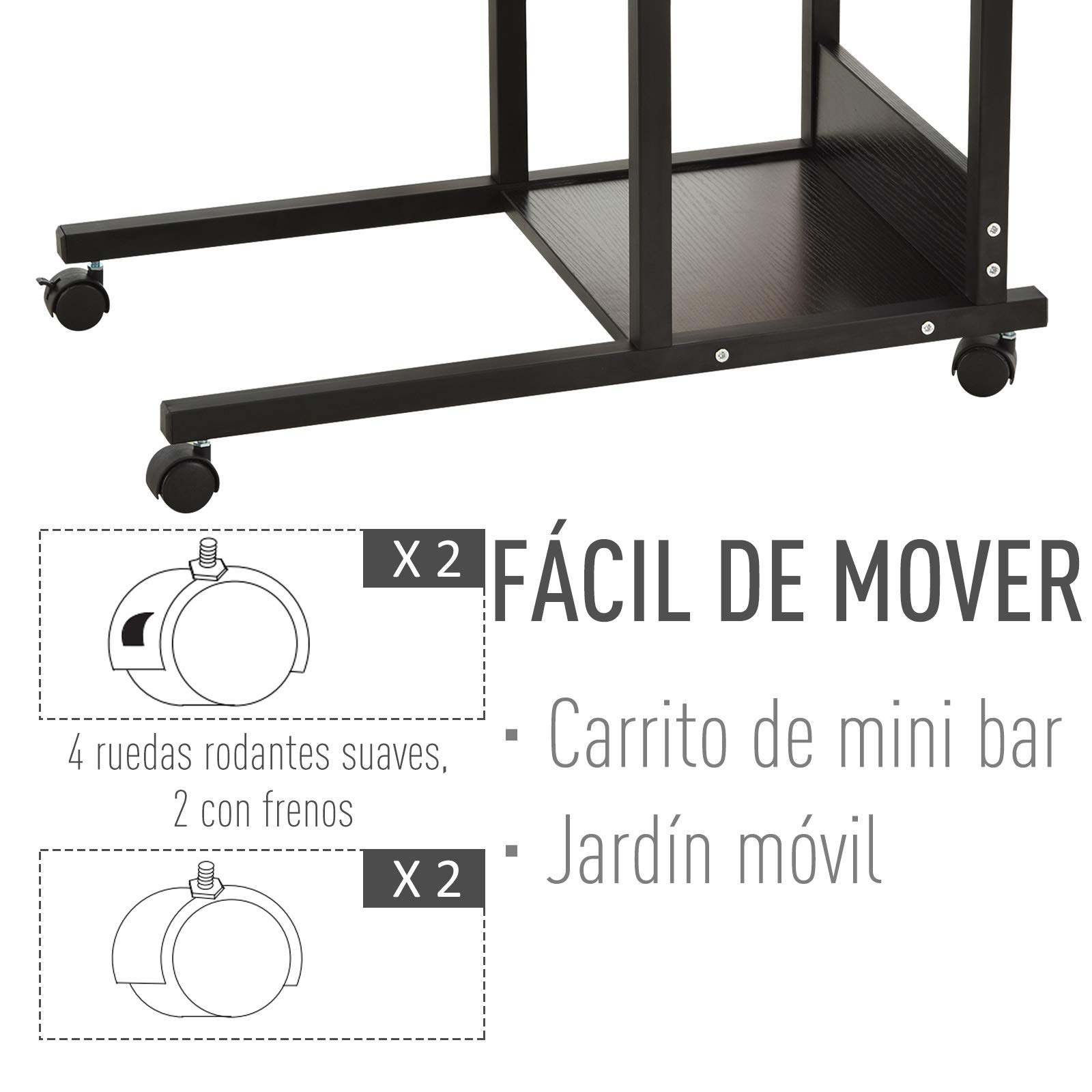 HOMCOM Mesa Auxiliar con Ruedas para Sofá en Forma de C 80x40 cm Negro | Mesa para Sofá, Altura Ajustable 3 Niveles de 72-82 cm, Marco de Metal, para Salón Cocina