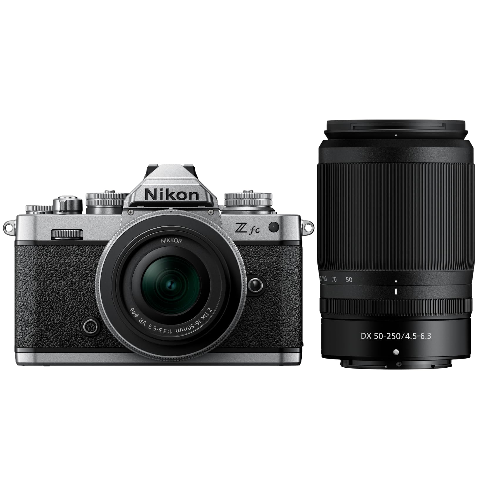 Nikon Z fc 16-50 VR + 50-250 VR+ Lexar SD 64GB, Mirrorless DX 20.9 MP, ghiere di controllo, mirino elettronico, 4K, monitor angolazione variabile, argento [Nital Card: 4 Anni di Garanzia]