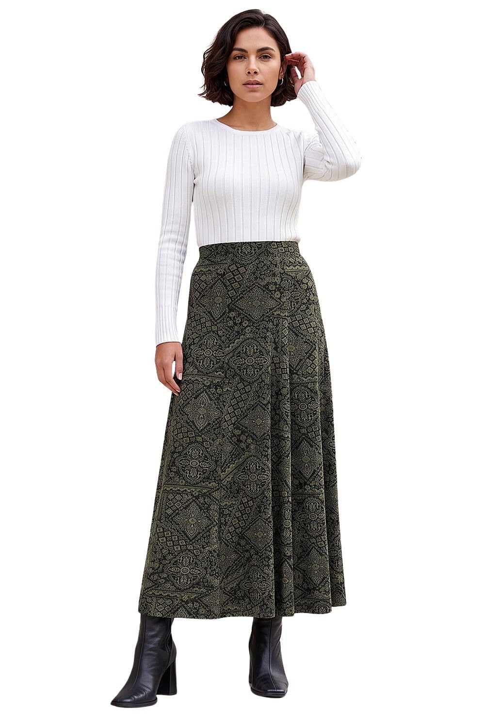 Roman Women's Khaki Abstract Midi Skirt In Size 12