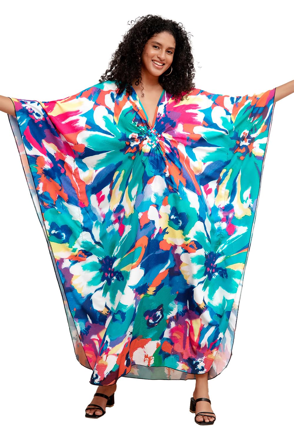 Damskie kwieciste haftowane kimono, długa letnia sukienka maxi, kaftan, na plażę, okrycie górne boho